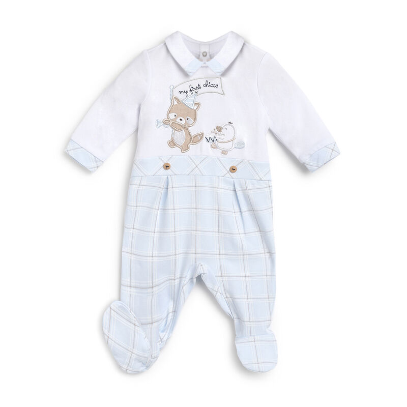 Boys White and Light Blue Applique Nappy Opening Babysuit image number 0